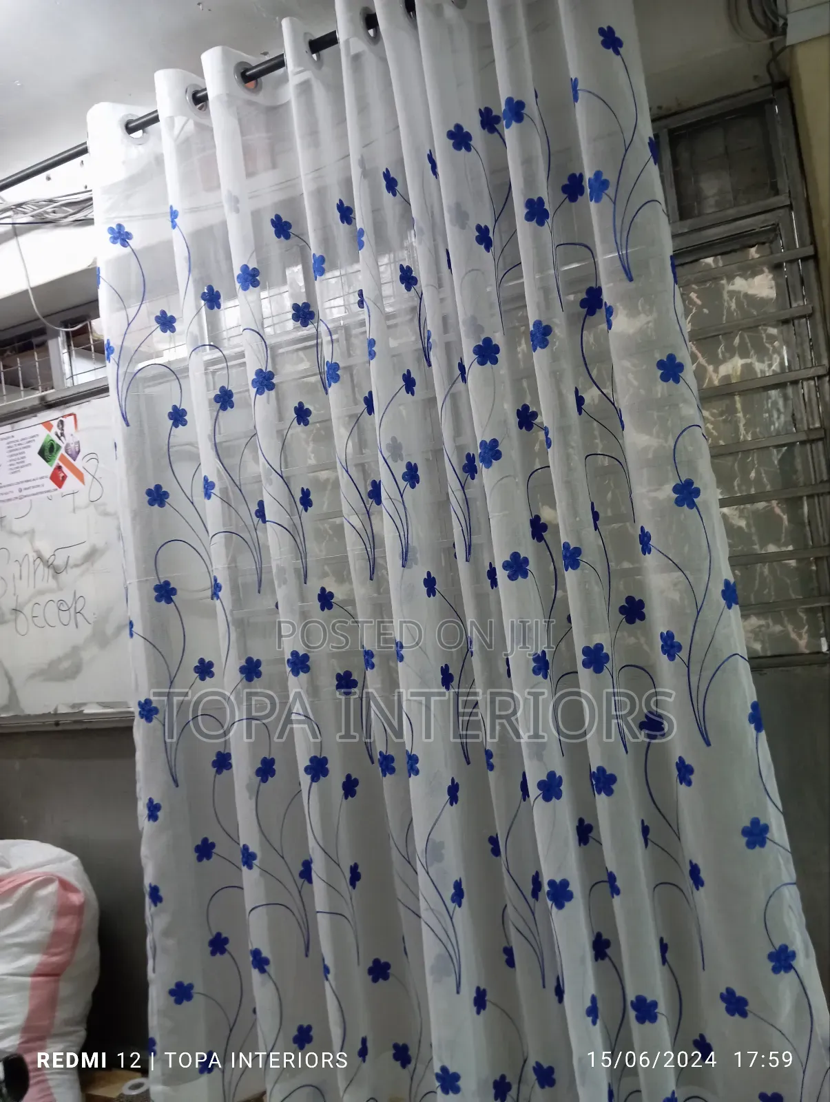 Eyelet Sheer Curtains With Blue Flowers