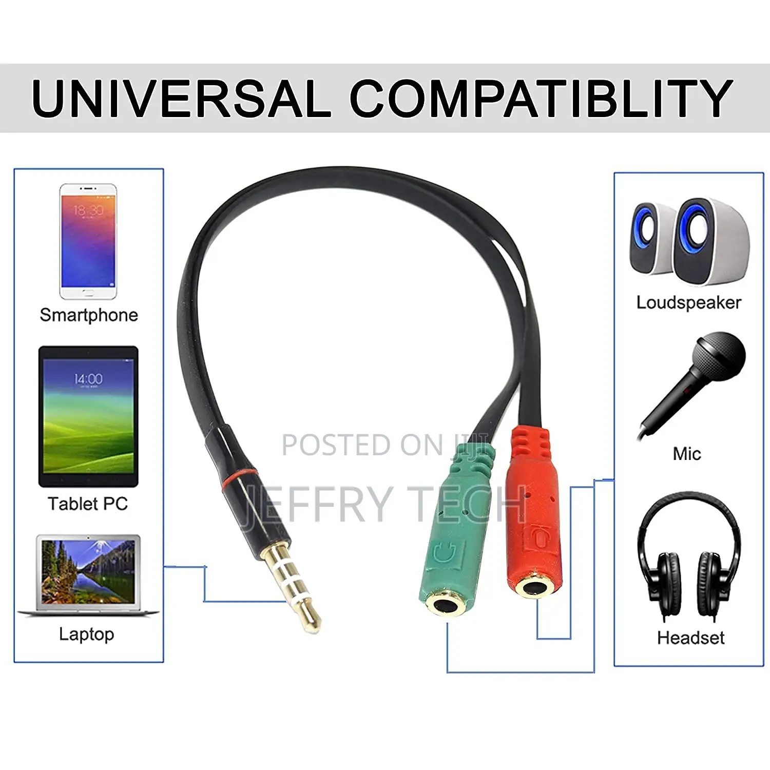 1 Male to 2 Female 3.5mm Audio Jack to Headphone Microphone