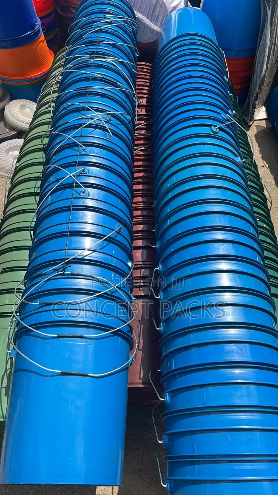 20 Litres Dull Coloured Buckets With Metallic Handles.