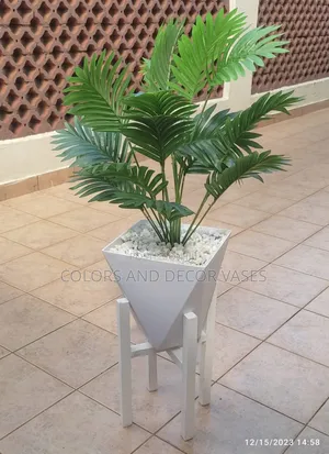 Palm Tree, Plastic Vase and Stand Wooden