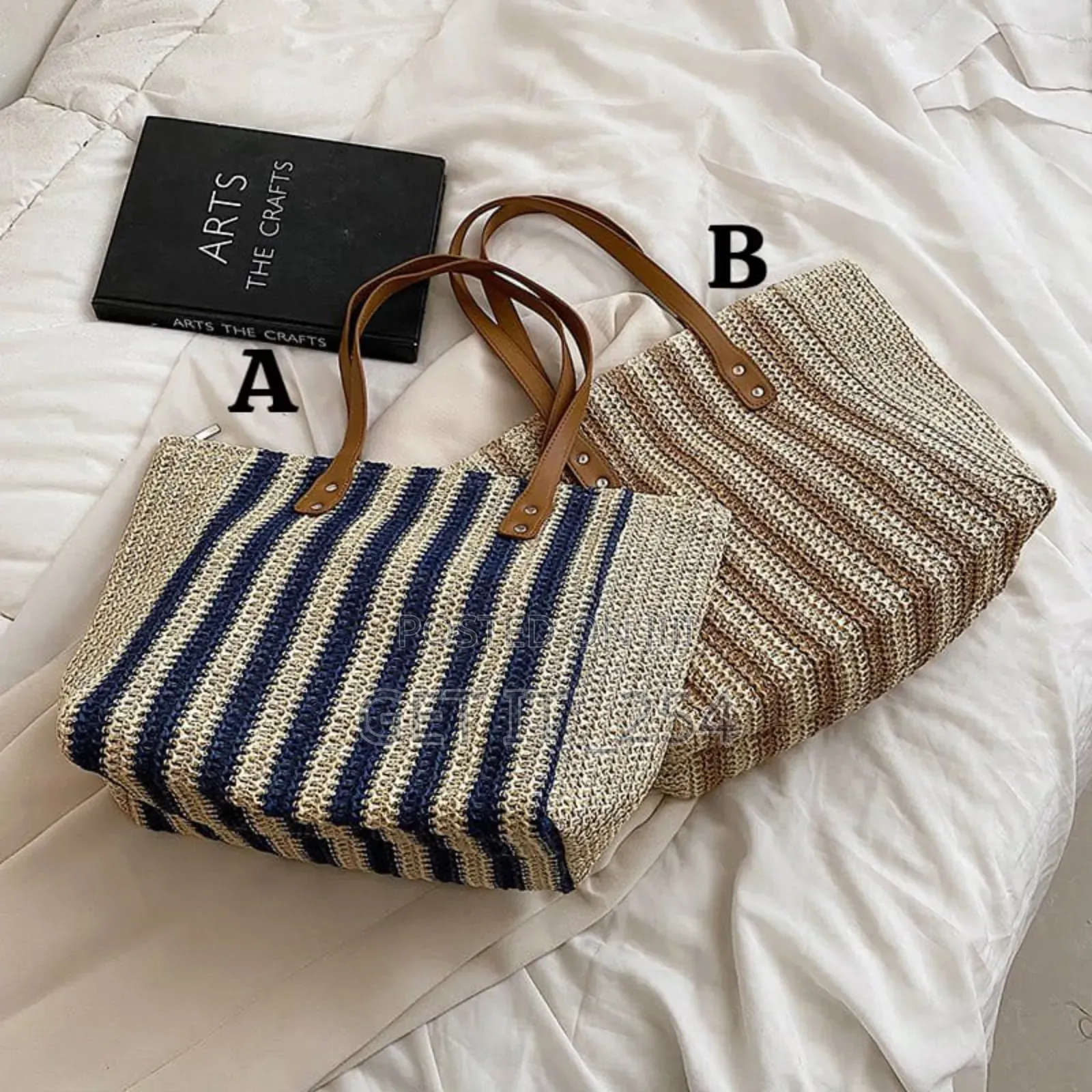  *Striped Pattern Double Handle Straw Bags