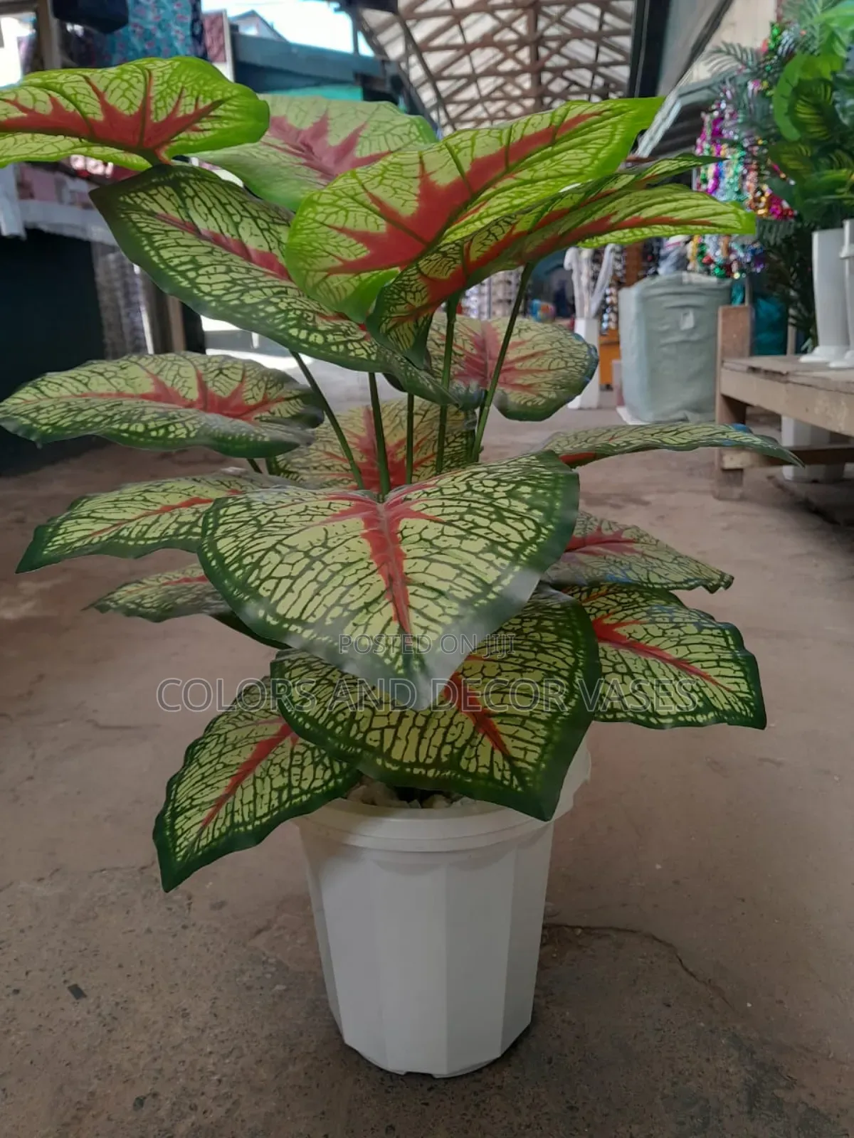 Artificial Plants, Plastic Vase or Basket With Pebble Stones