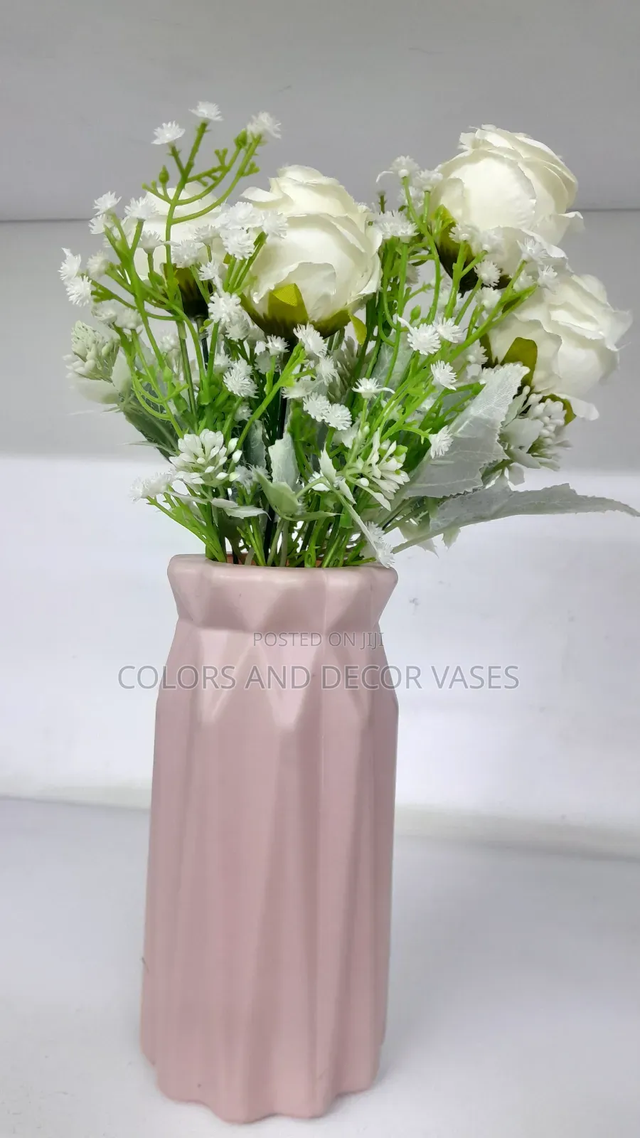 White Flowers in Pink Vase