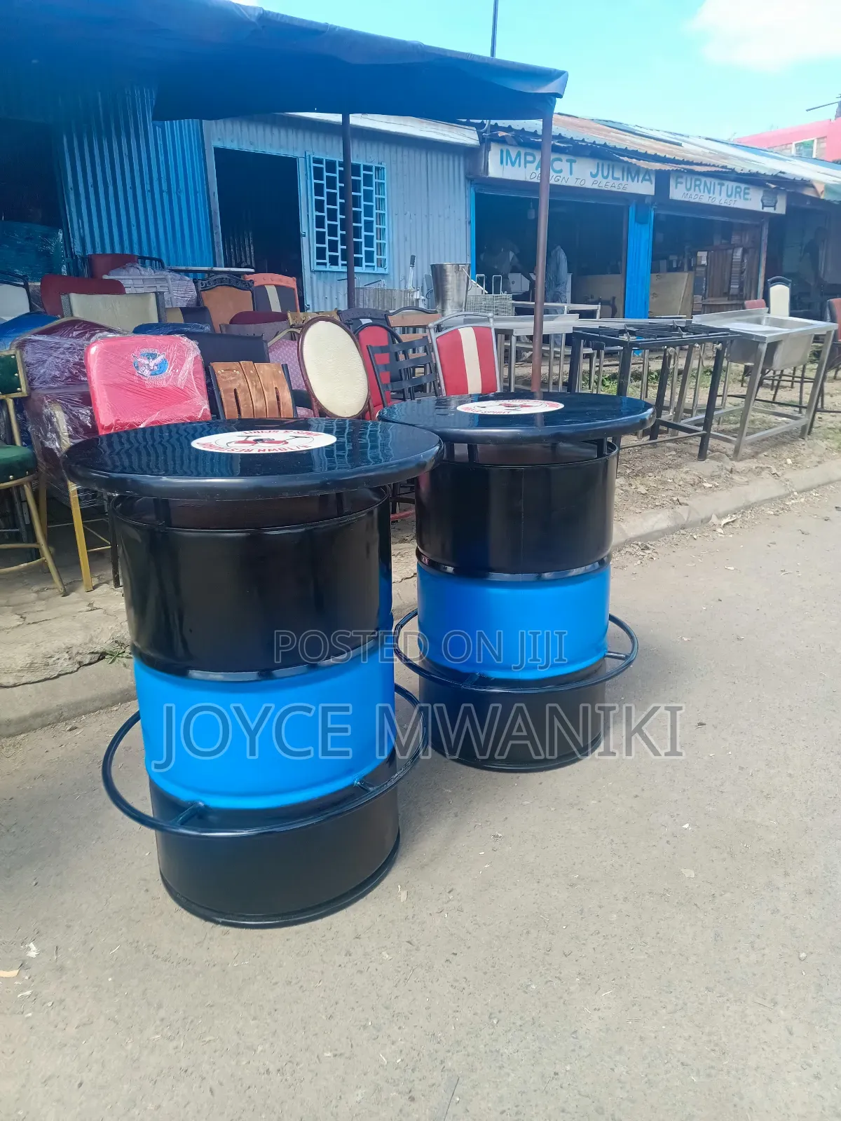 Drum Tables for Bars, Blue and Black 