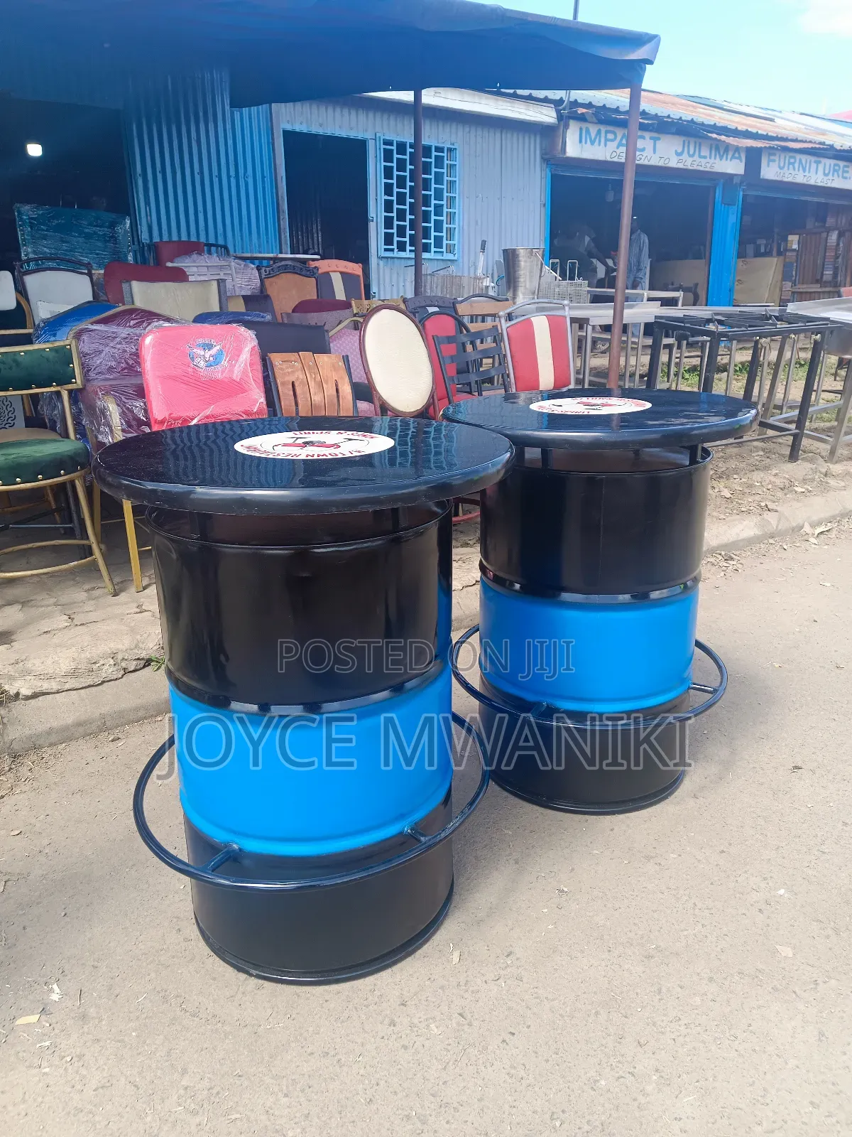 Drum Tables for Bars, Blue and Black 