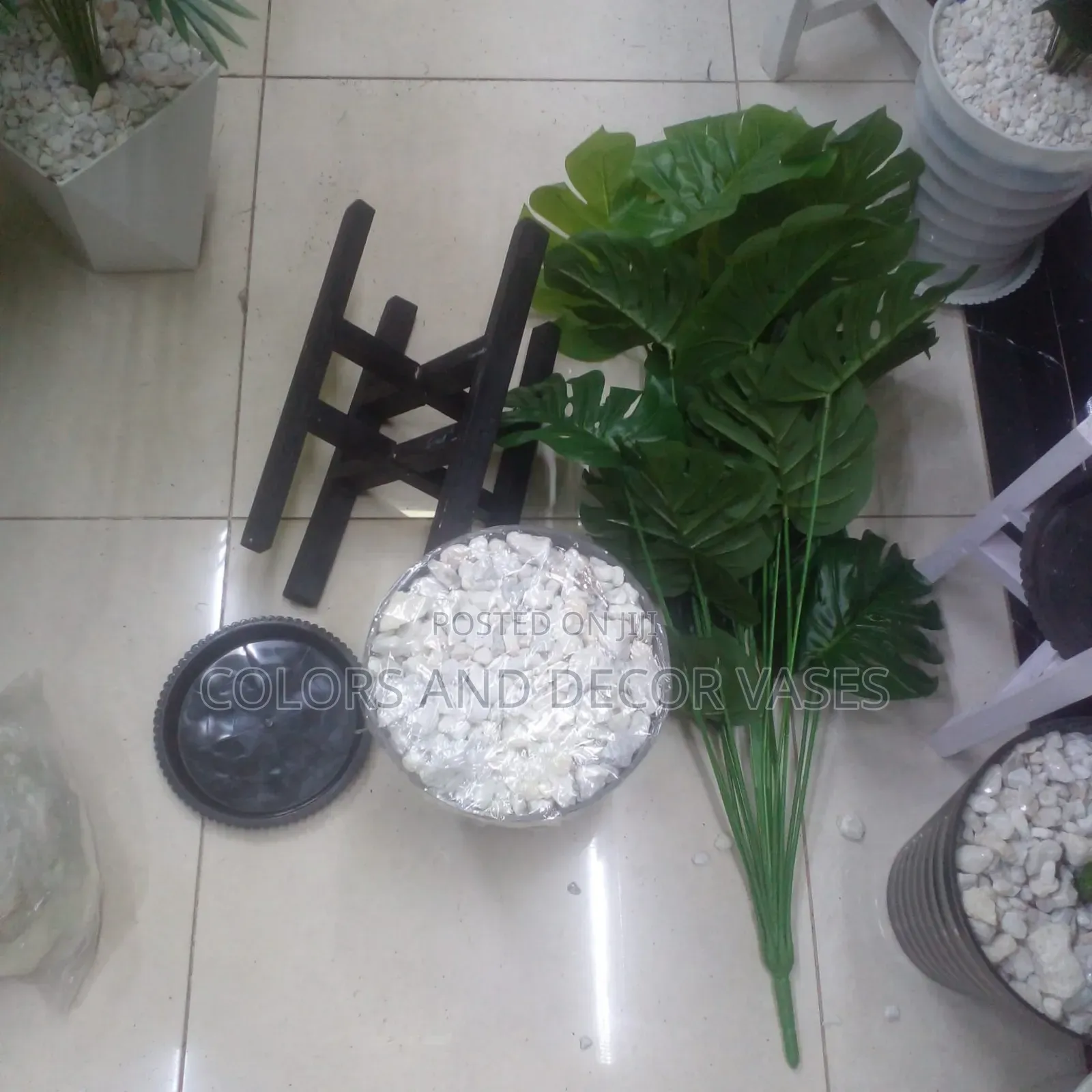 Black Vase, Long Plant and Black Stand