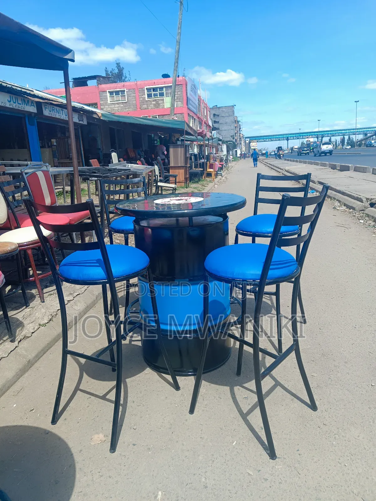 Bar Set of Drum Table and High Stools, Blue and Black