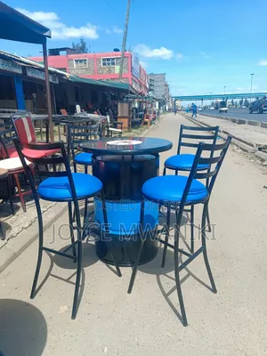 Bar Set of Drum Table and High Stools, Blue and Black