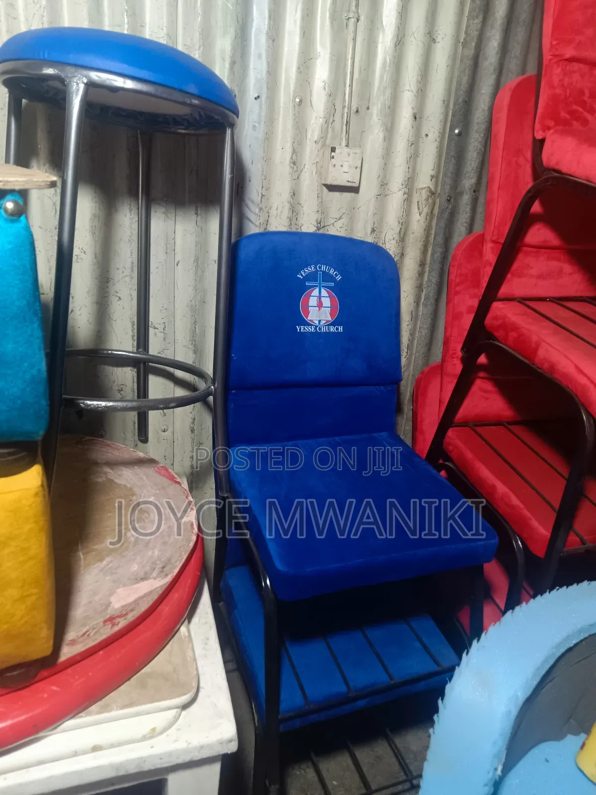 Church Chair, Blue Velvet With Logo 