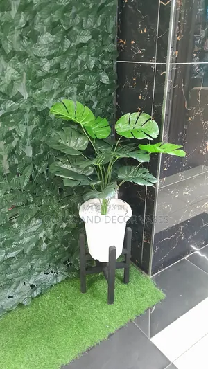 Stand Black,White Vase and Plant Artificial