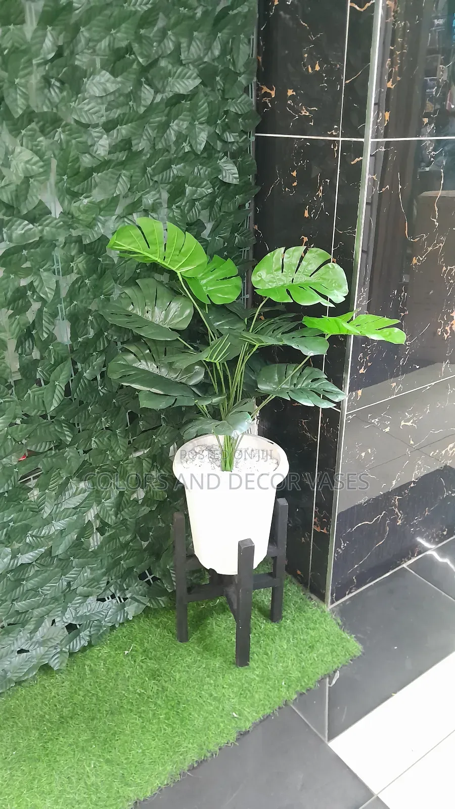 Stand Black,White Vase and Plant Artificial