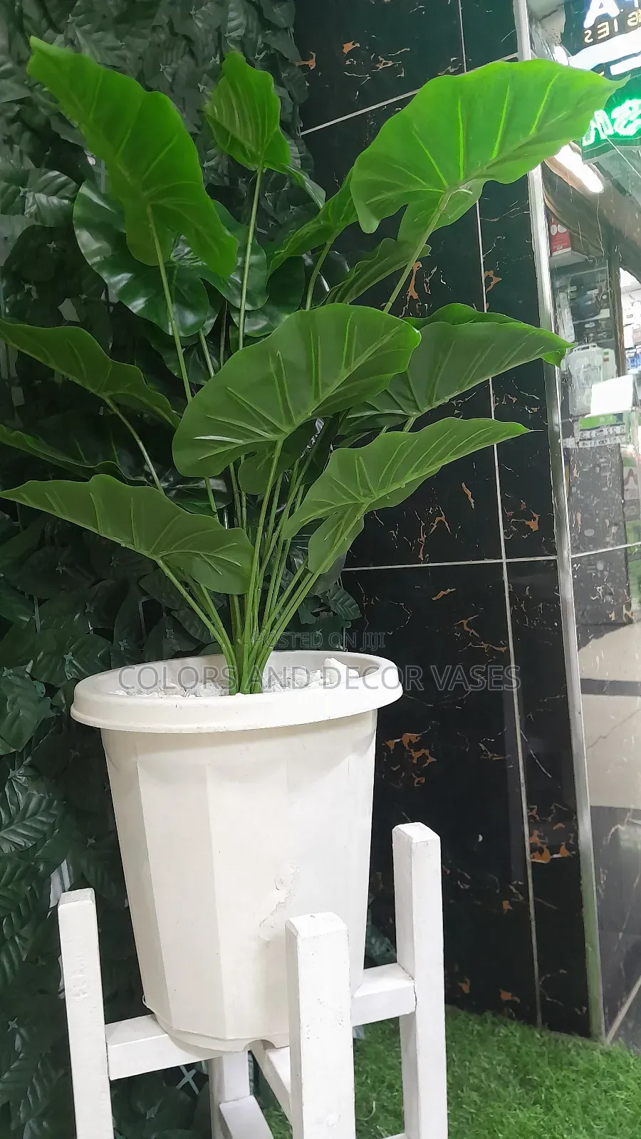 White Stand, White Vase and Plant Artificial