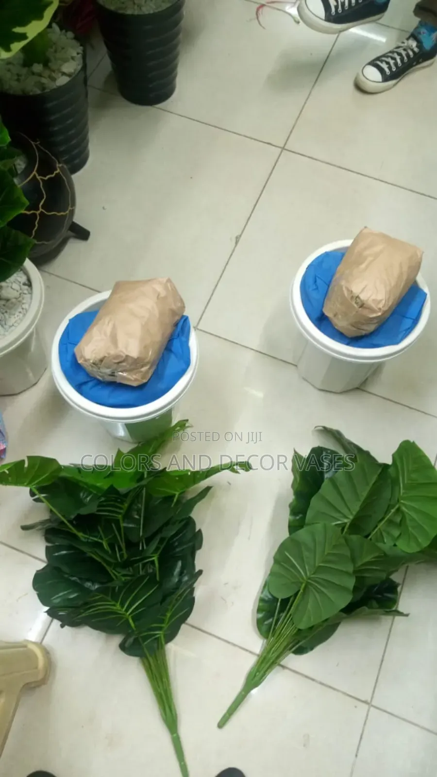 Plants Artificial, Plastic Vase With Decorative Stones