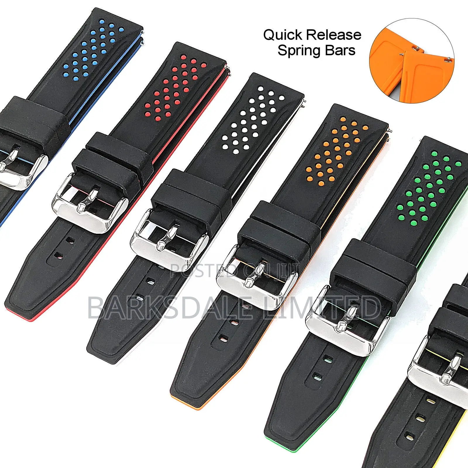 Black Red White Yellow Grey Silicone Rubber Watch Strap 22mm