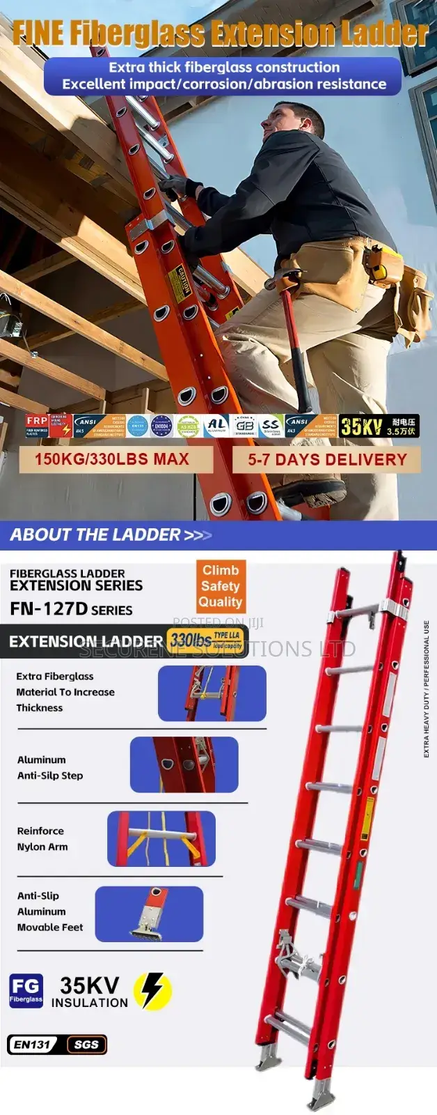 Heavy Duty Insulated FRP Fibreglass Double Extension Ladders