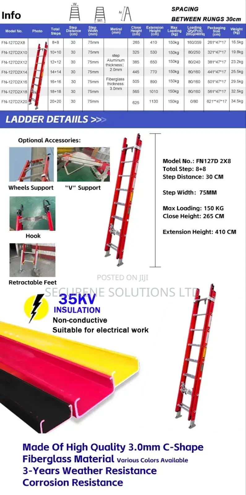 Heavy Duty Insulated FRP Fibreglass Double Extension Ladders