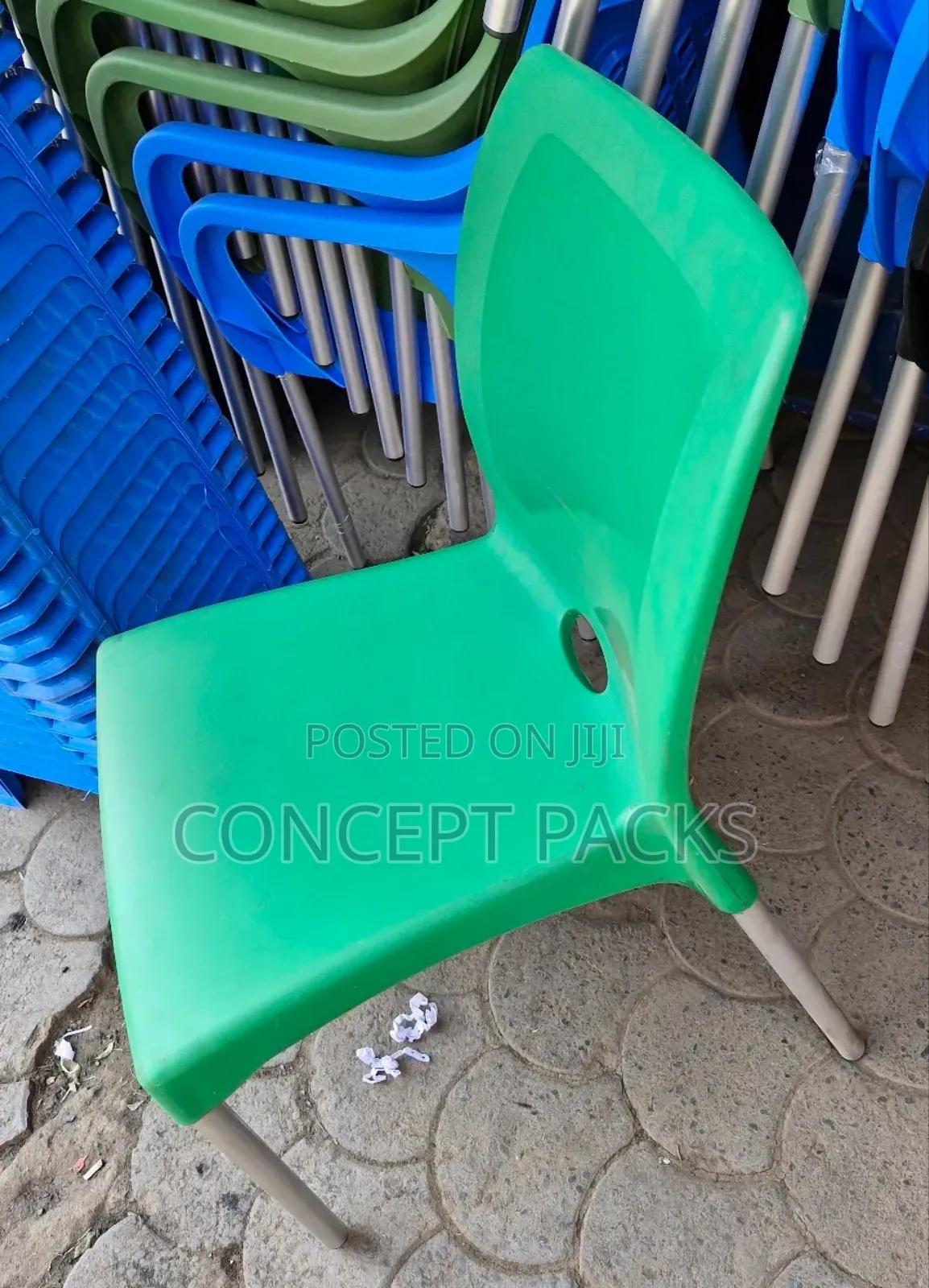 Safaricom Green Armless Chairs With Metal Tubing.