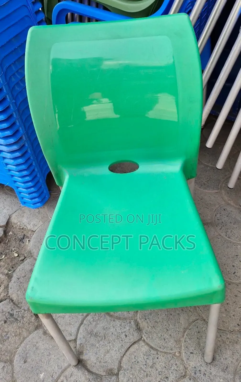 Safaricom Green Armless Chairs With Metal Tubing.