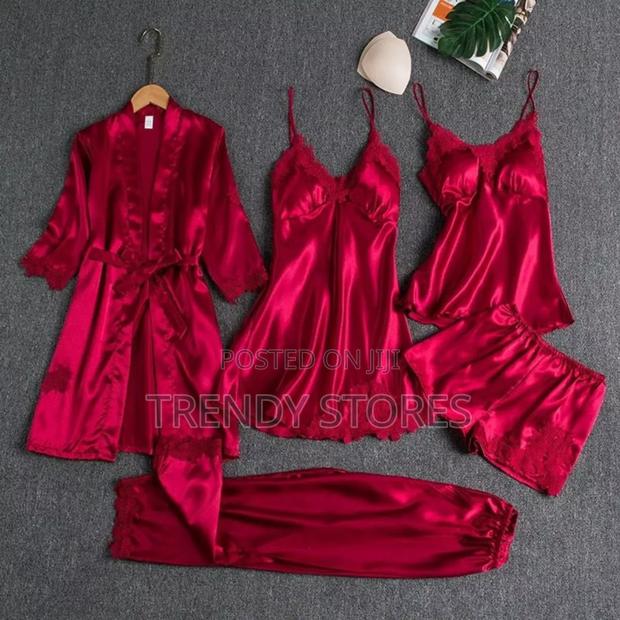 Red 5pc Silk Pajama Set - thumbnail 3