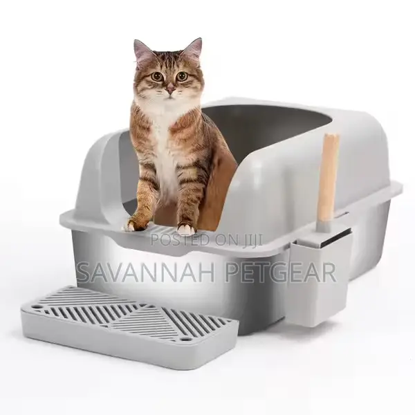 Semi-Enclosed Stainless Steel Cat Litter Box + Scoop + Paw