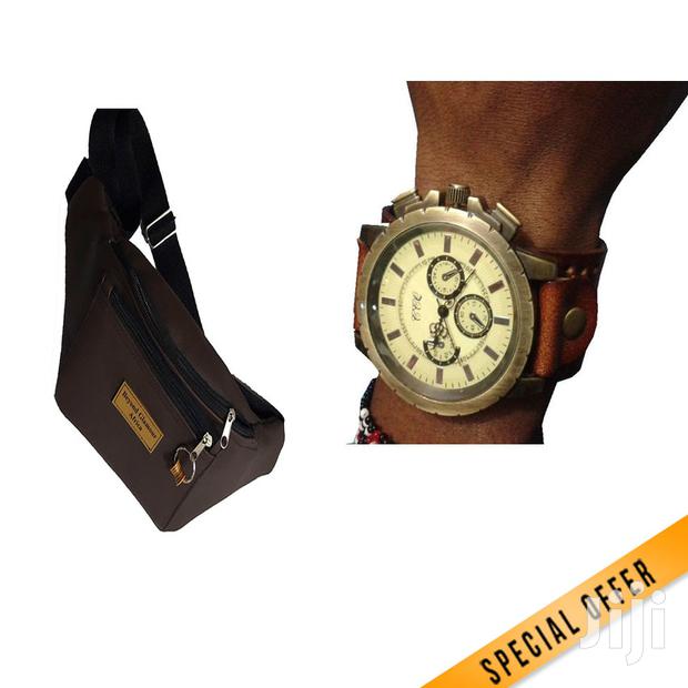 Male Vintage Watch + Leather Waist Bag