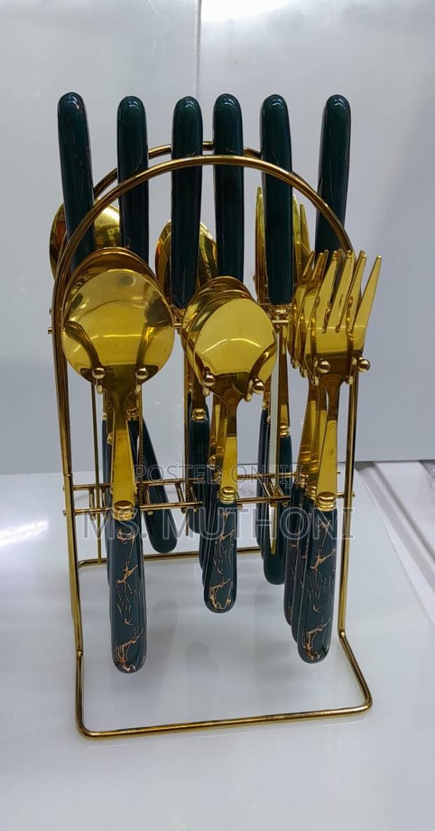 24pcs Gold / Marble Dining Cutlery Set With Stand