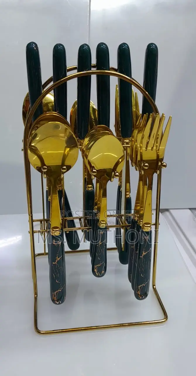 24pcs Gold / Marble Dining Cutlery Set With Stand