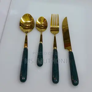 24pcs Gold / Marble Dining Cutlery Set With Stand