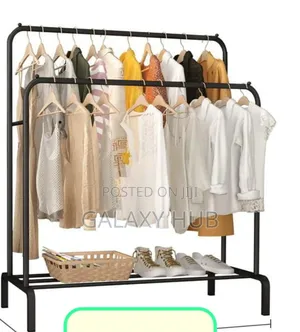Double Pole Clothing Rack With Shoes Rack White and Black