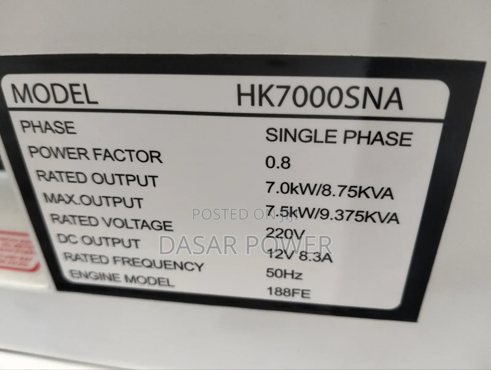 Hisaki 7kva Generator. Hk7000sna