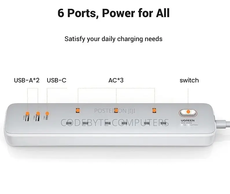 UGREEN 30W 3 AC Power Strip With Master Switch (2A1C)