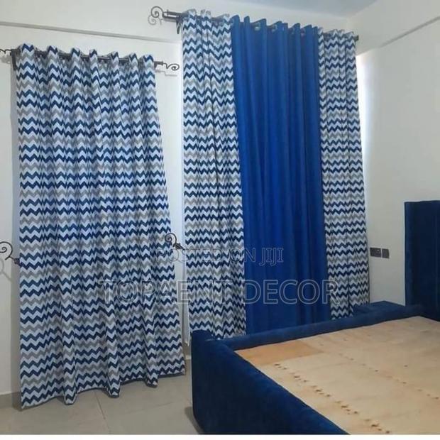 Blue Plain and Patterned House Window Curtains - main view