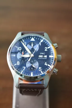 I W C Shaffhausen Day Date Blue Dial Brown Leather Straps