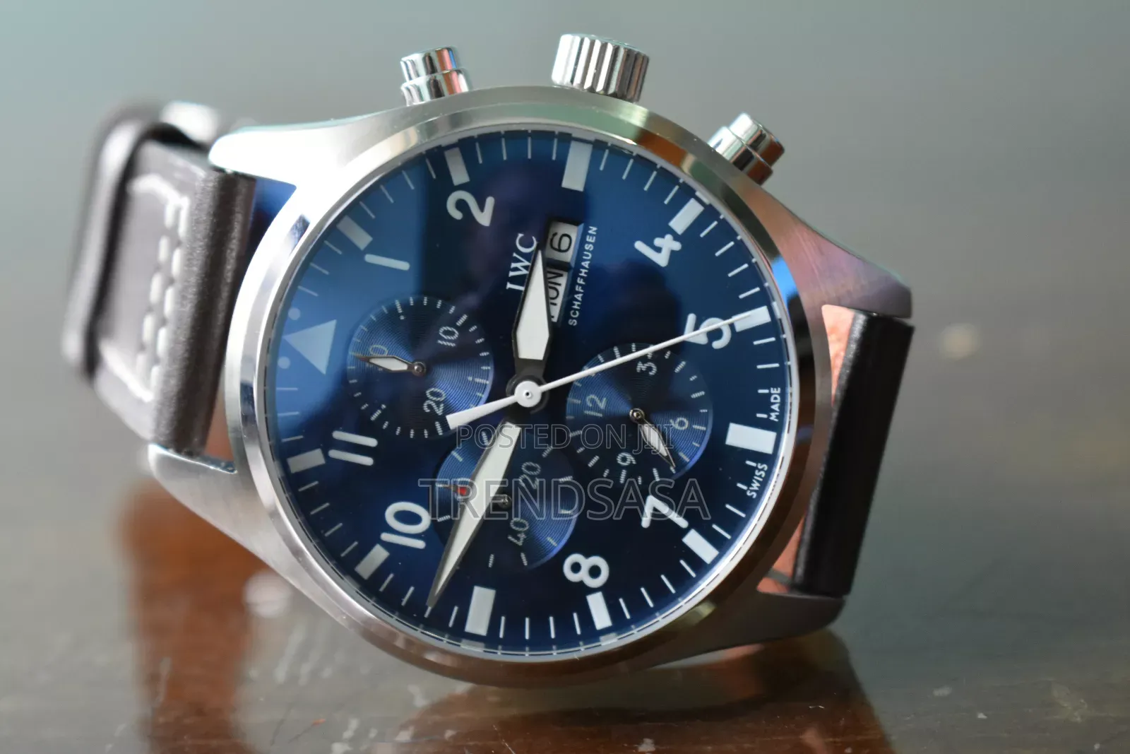 I W C Shaffhausen Day Date Blue Dial Brown Leather Straps