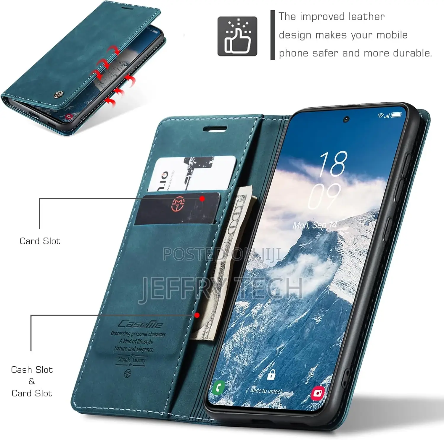 Leather With ID Credit Card Slots Holder Case (Blue, S24)