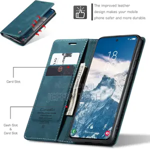 Leather With ID Credit Card Slots Holder Case (Blue, S24)