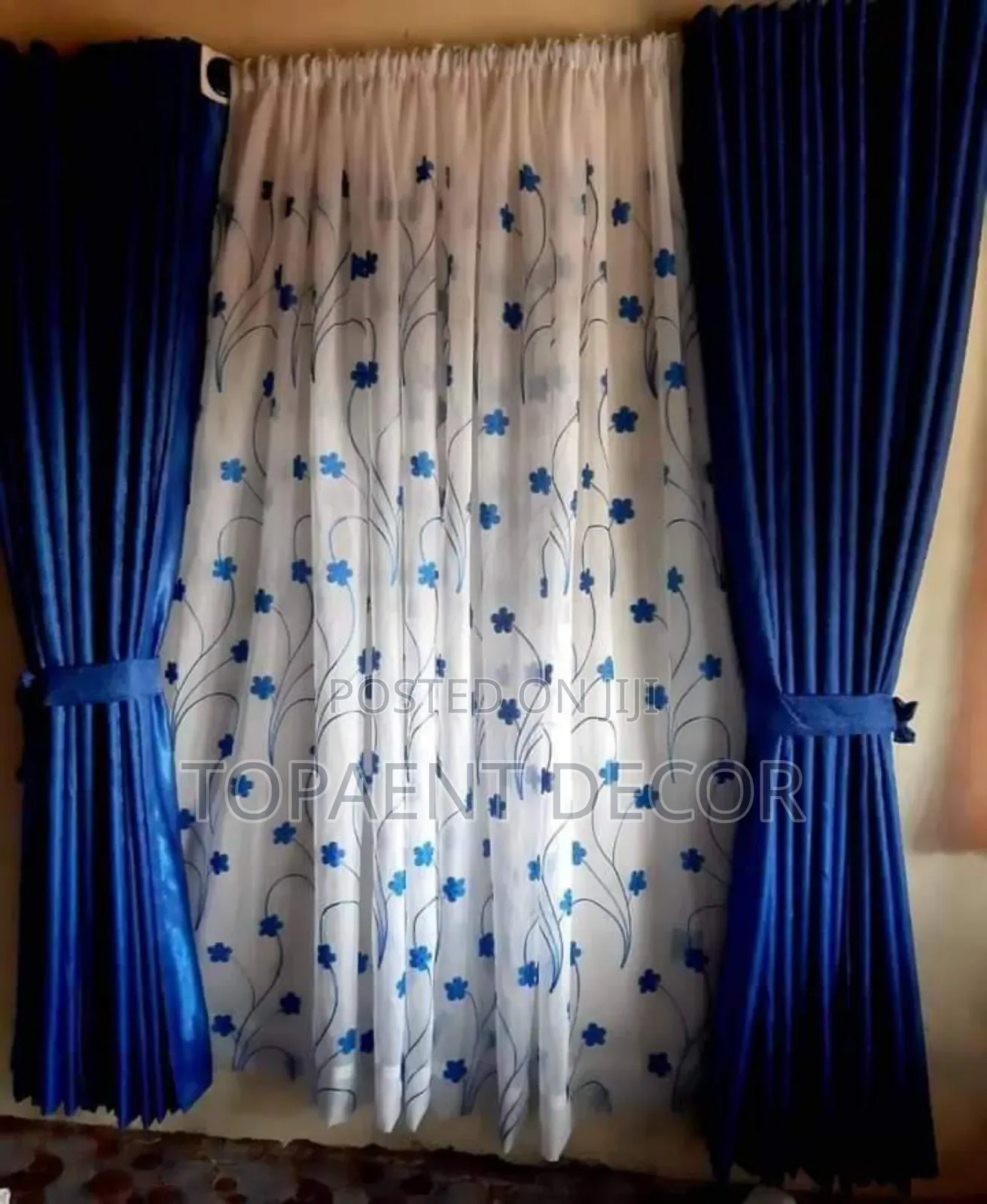 Blue Window Curtains and Flowerd Sheers