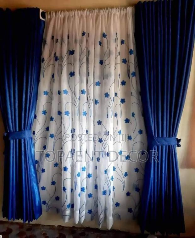 Blue Window Curtains and Flowerd Sheers - main view