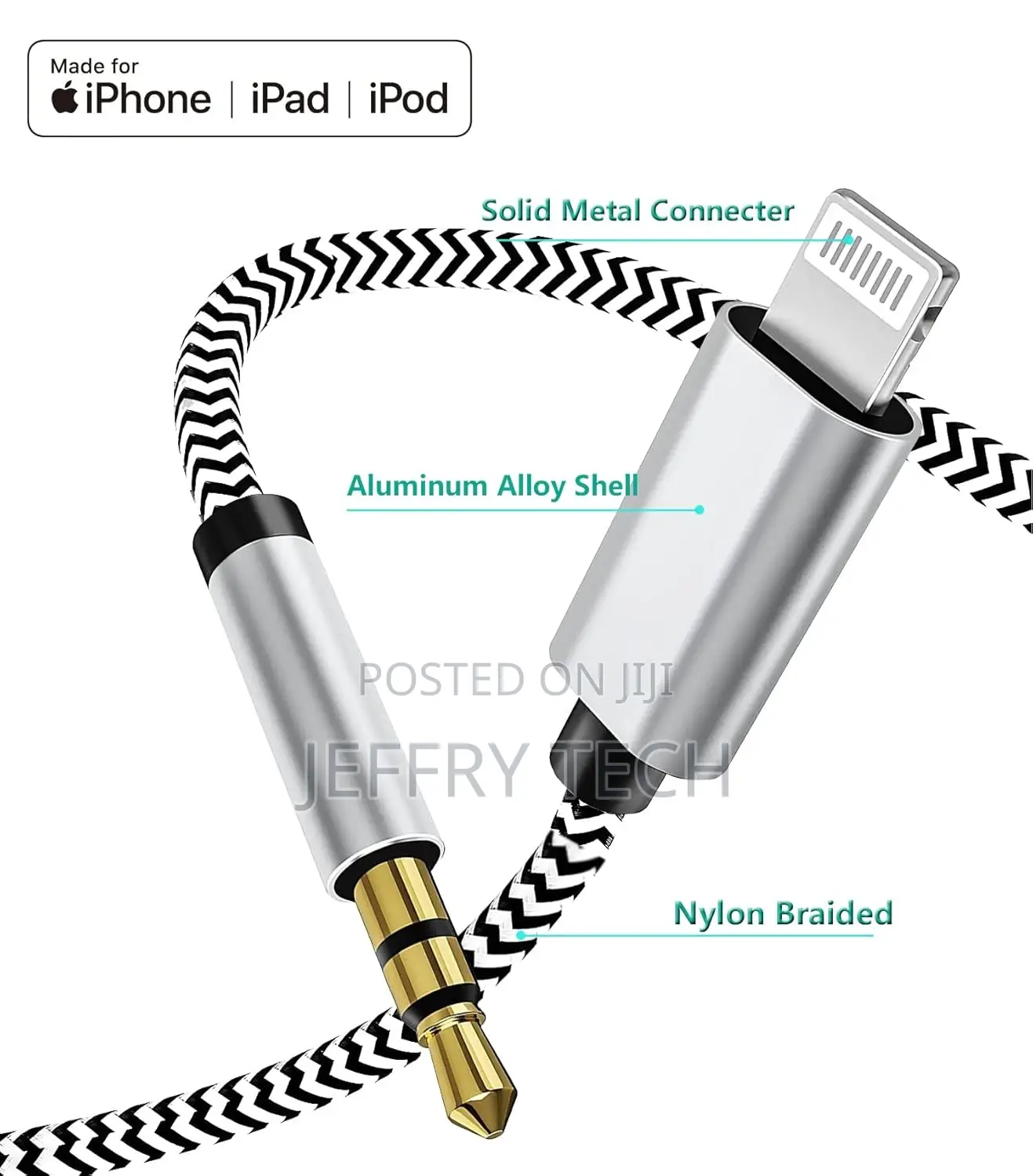 Aux Cord for iPhone, Lightning to 3.5mm Jack Nylon Braided A