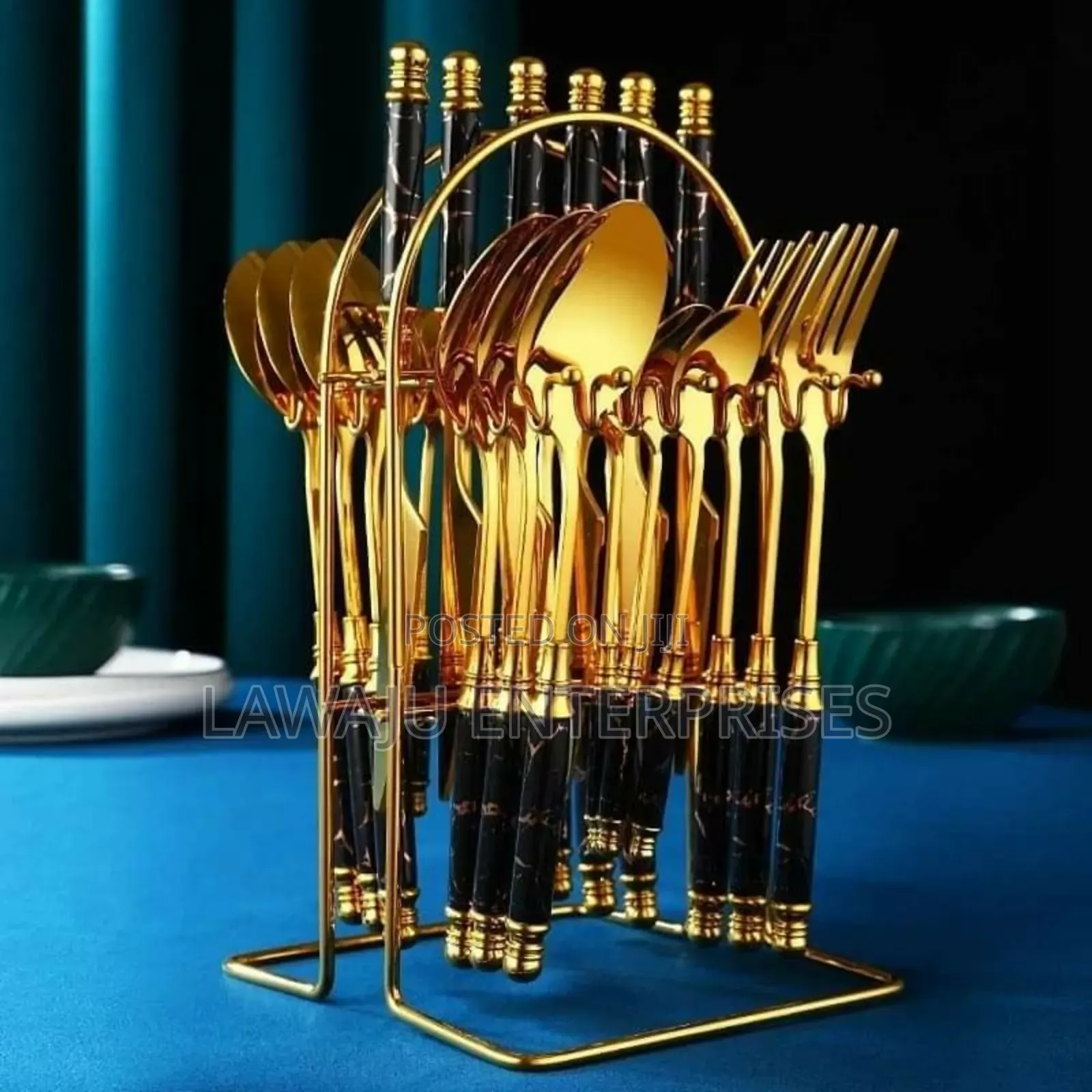 24 PCS Black Golden Marble Cutlery Set
