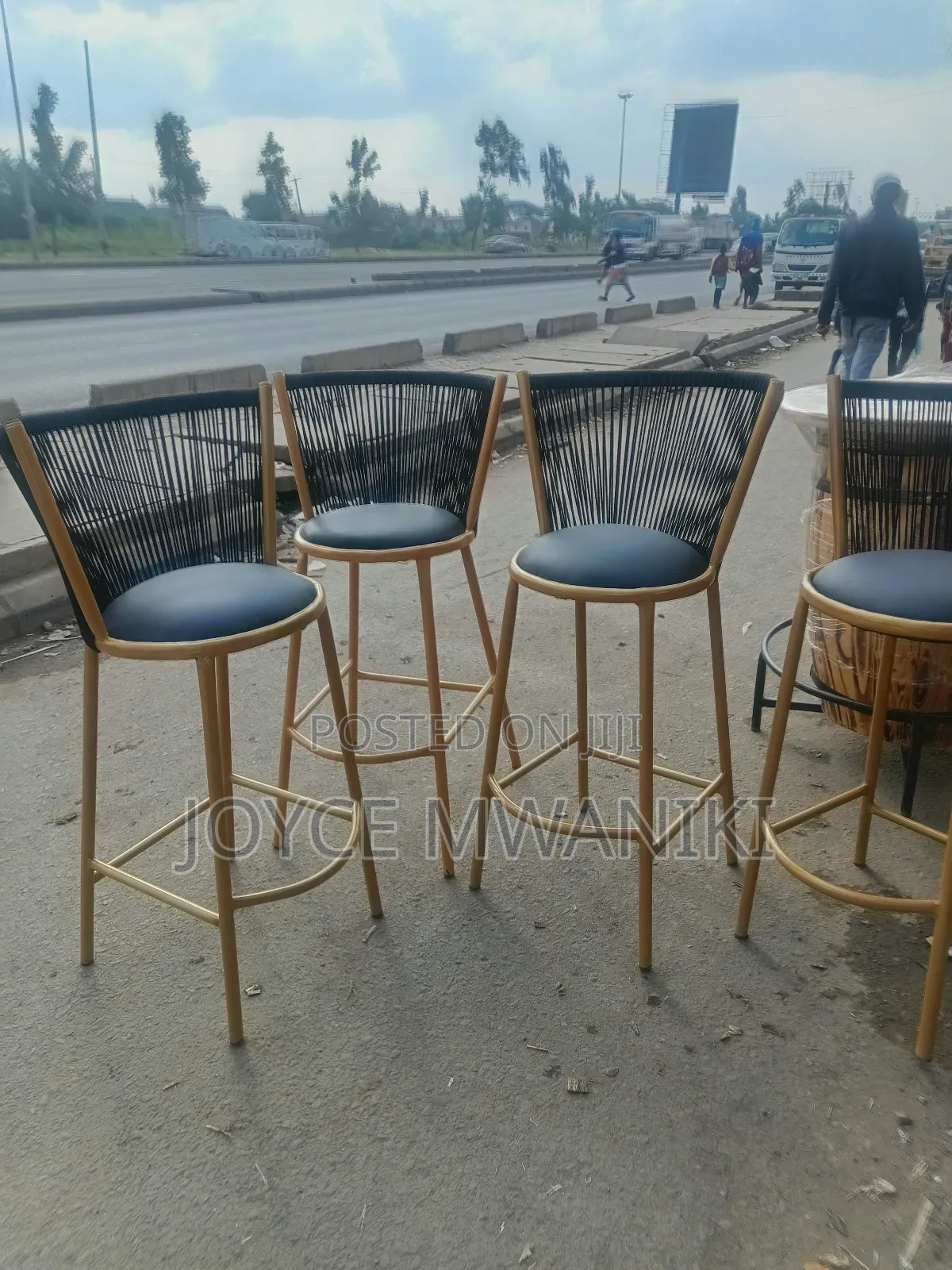 High Bar Chairs, Wooven Black and Gold Frame 