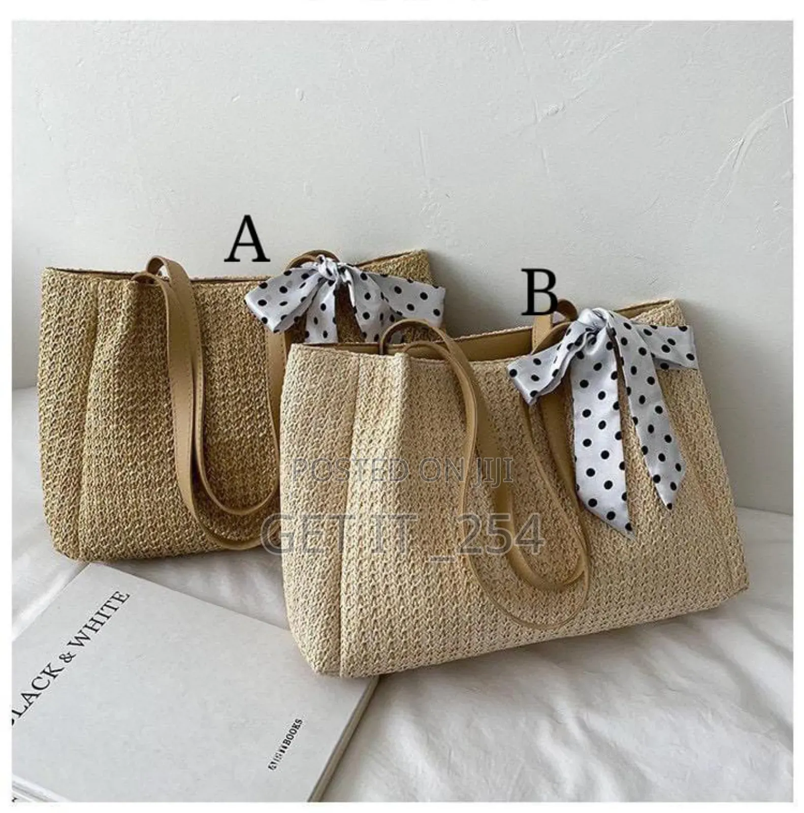 *Straw Tote Bag With Polkadot Silk Scarf *Size* 35x11x26cm