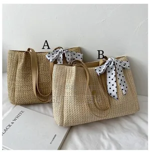 *Straw Tote Bag With Polkadot Silk Scarf *Size* 35x11x26cm