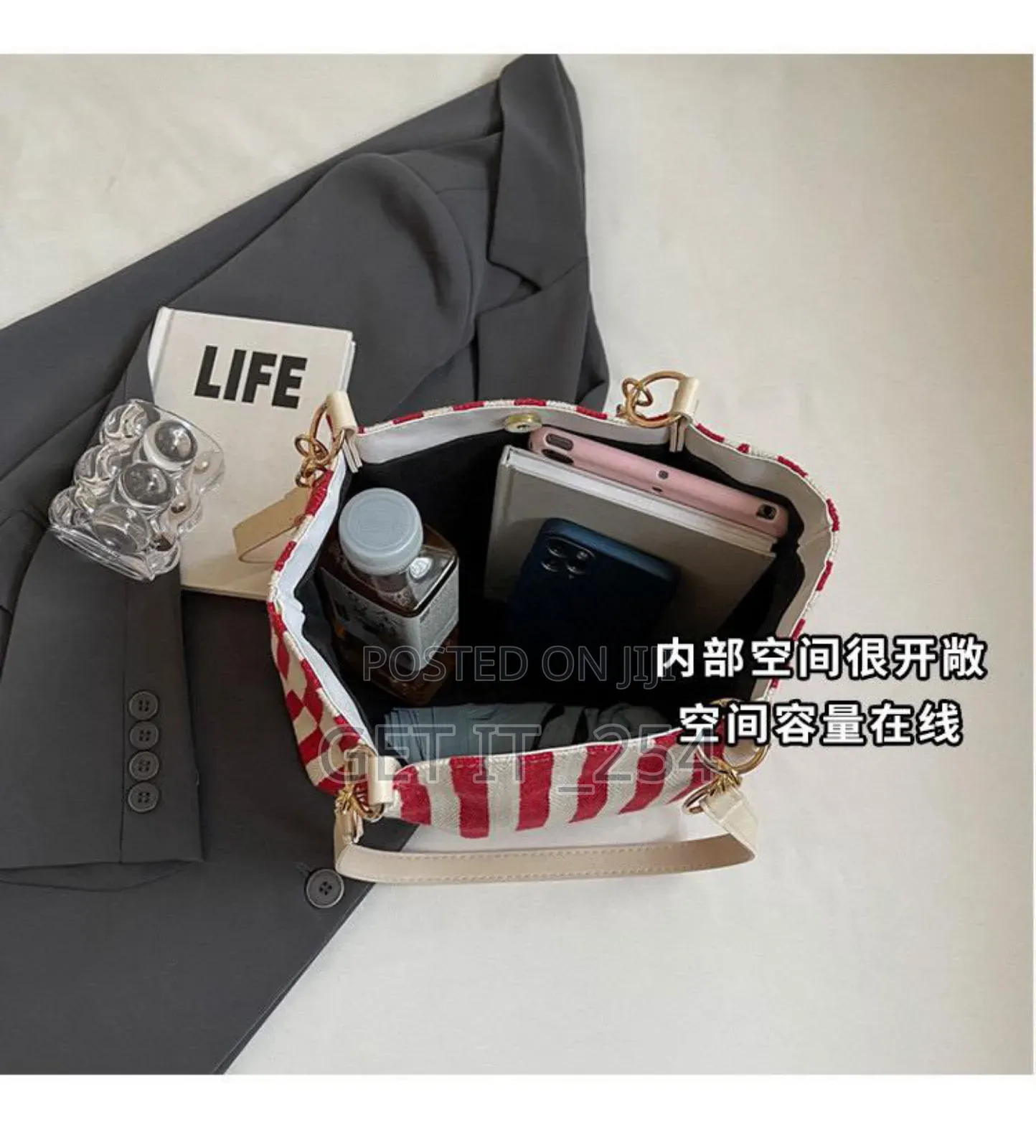 *Straw Tote Bag With Polkadot Silk Scarf *Size* 35x11x26cm