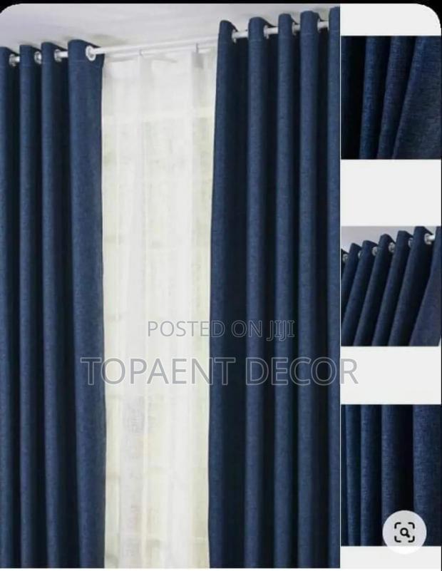 Dark Blue Door Curtains and White Sheers