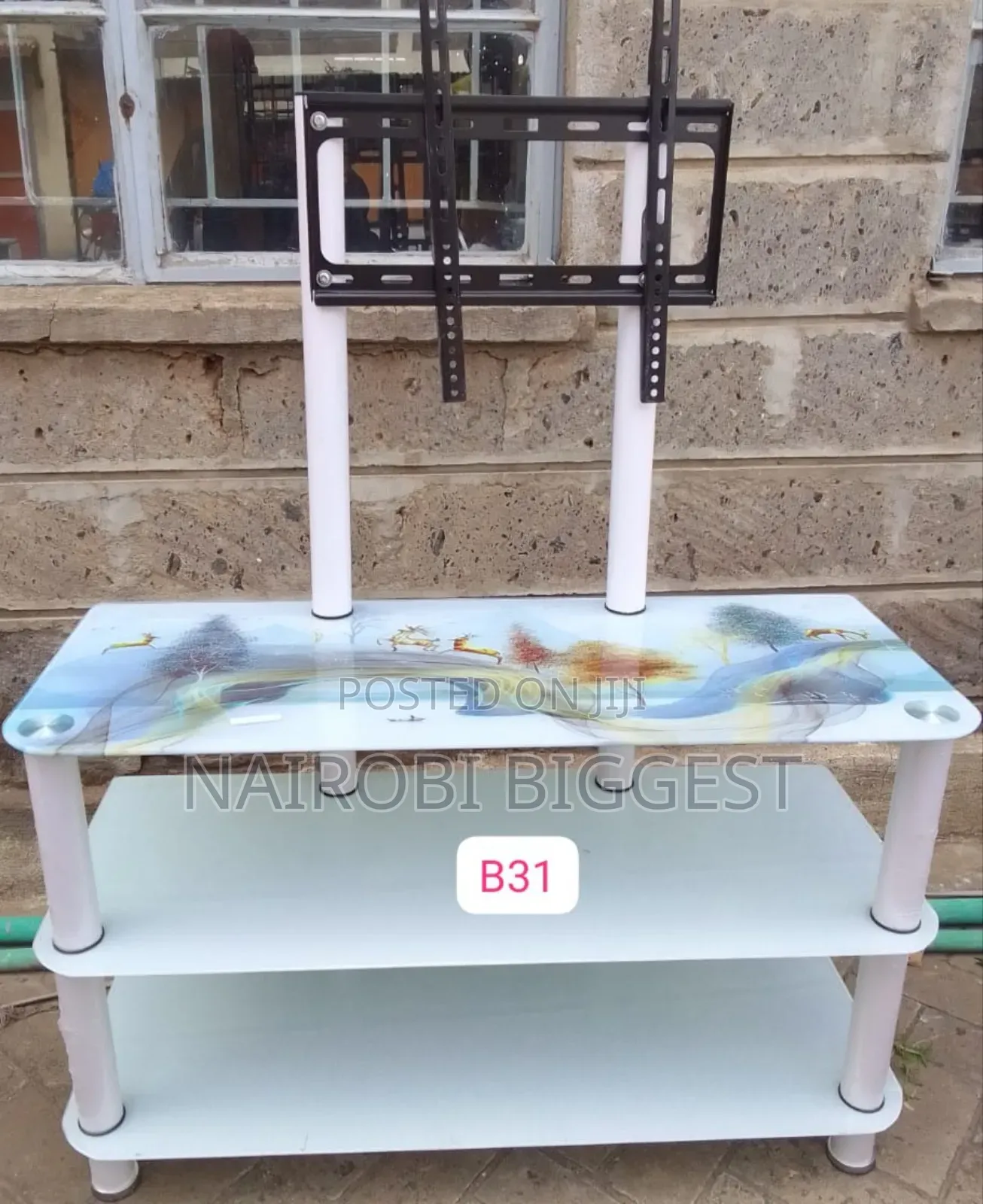 White Executive Glass Television Stand With Wall Mount