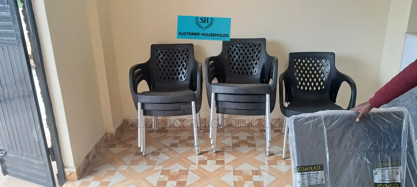 Black Complast Plastic Chairs With Metal Tubing Legs