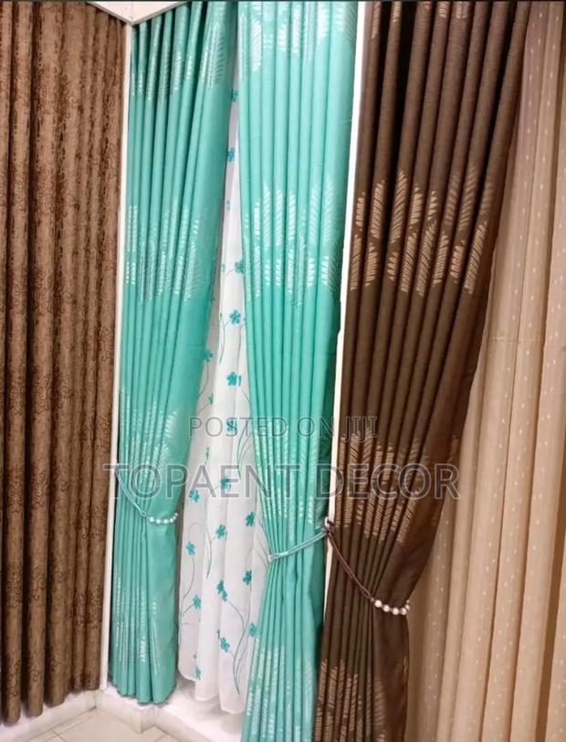 Light Blue and Chocolate Brown Door Curtains - main view