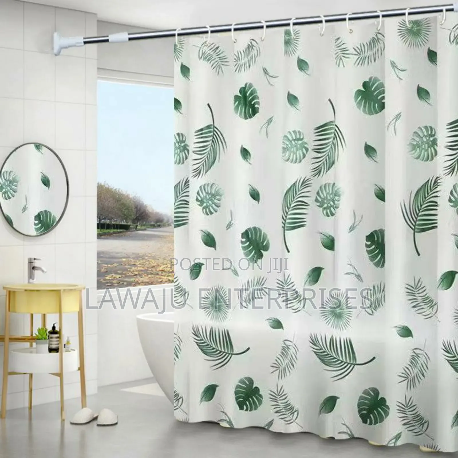 White PVC Shower Curtain With Green Leaves