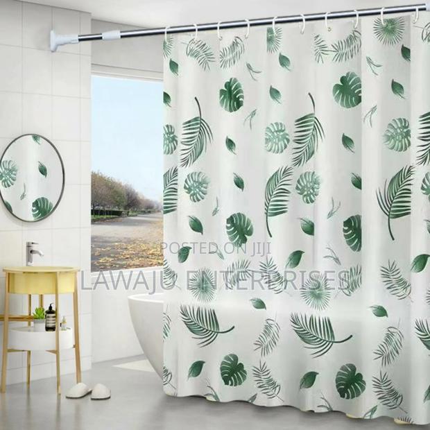 White PVC Shower Curtain With Green Leaves